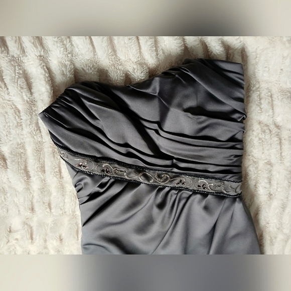 David's Bridal Elegant Smokey Gray Strapless Dress - Picture 2 of 12